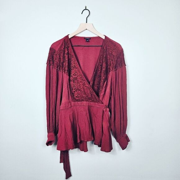 Torrid Crinkle Gauze Lace Inset Surplice Top. Brown 3X - Picture 2 of 16